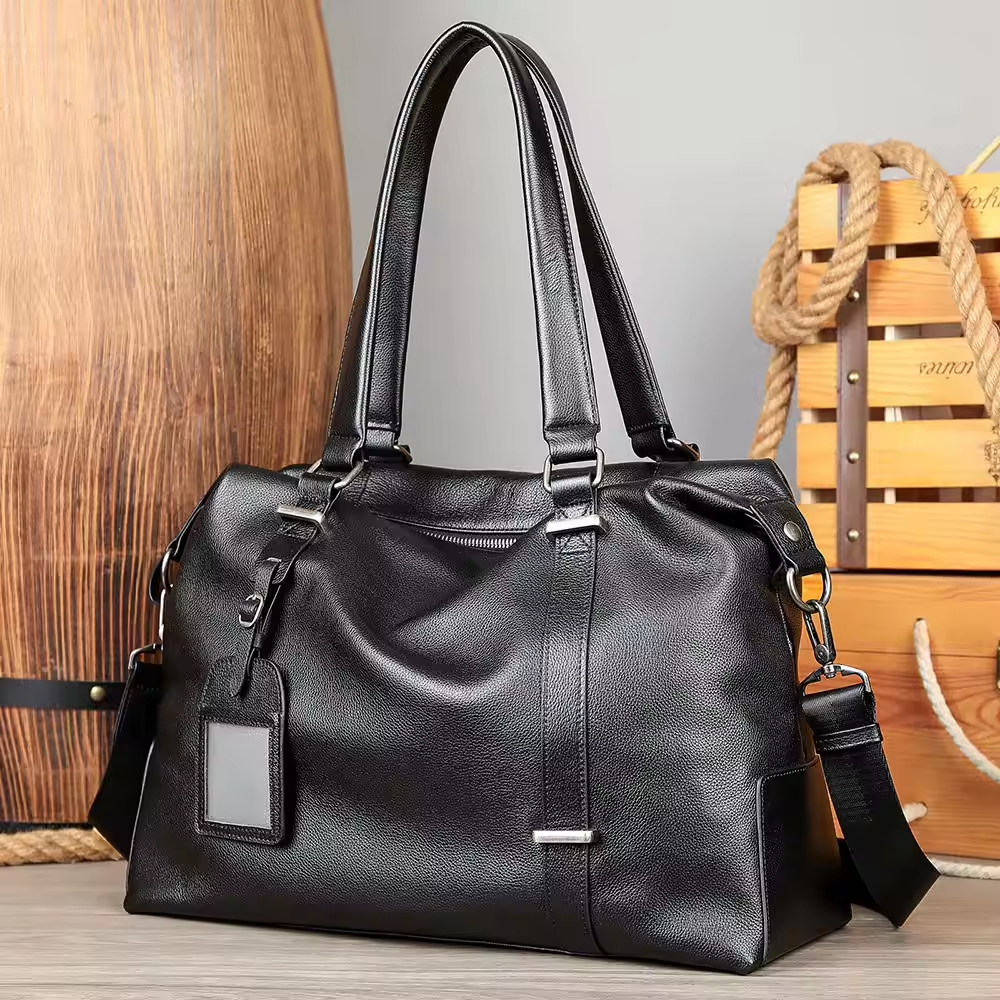 Men Waterproof Sports Gym Bag with Luggage Tag Weekender Overnight Travel Bags Genuine Leather Duffle Bag for Men