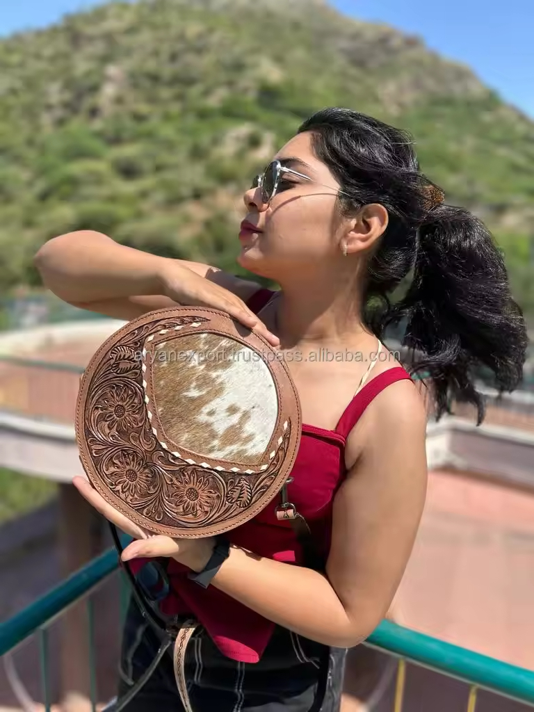 Hand Tooling Carving Round Handbag Stylish New Design Cowhide Fur Sling Bag Crossbody Shoulder Women's Bag