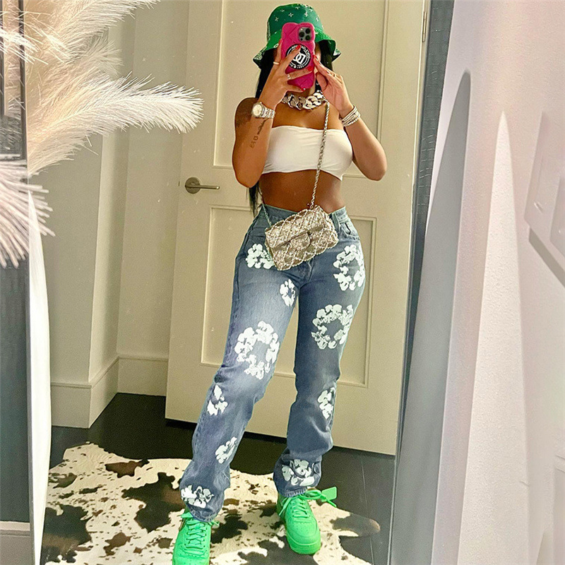 Cotton Aesthetic Flower Print Jeans Women Casual High Waist All Match SKinny Denim Streetwear Pant Female Hipster Clothing