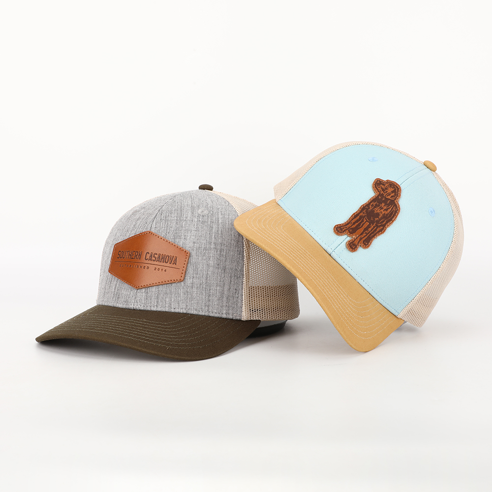 OEM Custom Low MOQ 6 Panel Leather Patch 112 Trucker Hat,High Quality Adult Low Profile Mesh Bulk Trucker Cap