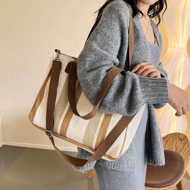New Fashion Striped Canvas Handheld Tote Bag Women's Shoulder Crossbody Bag