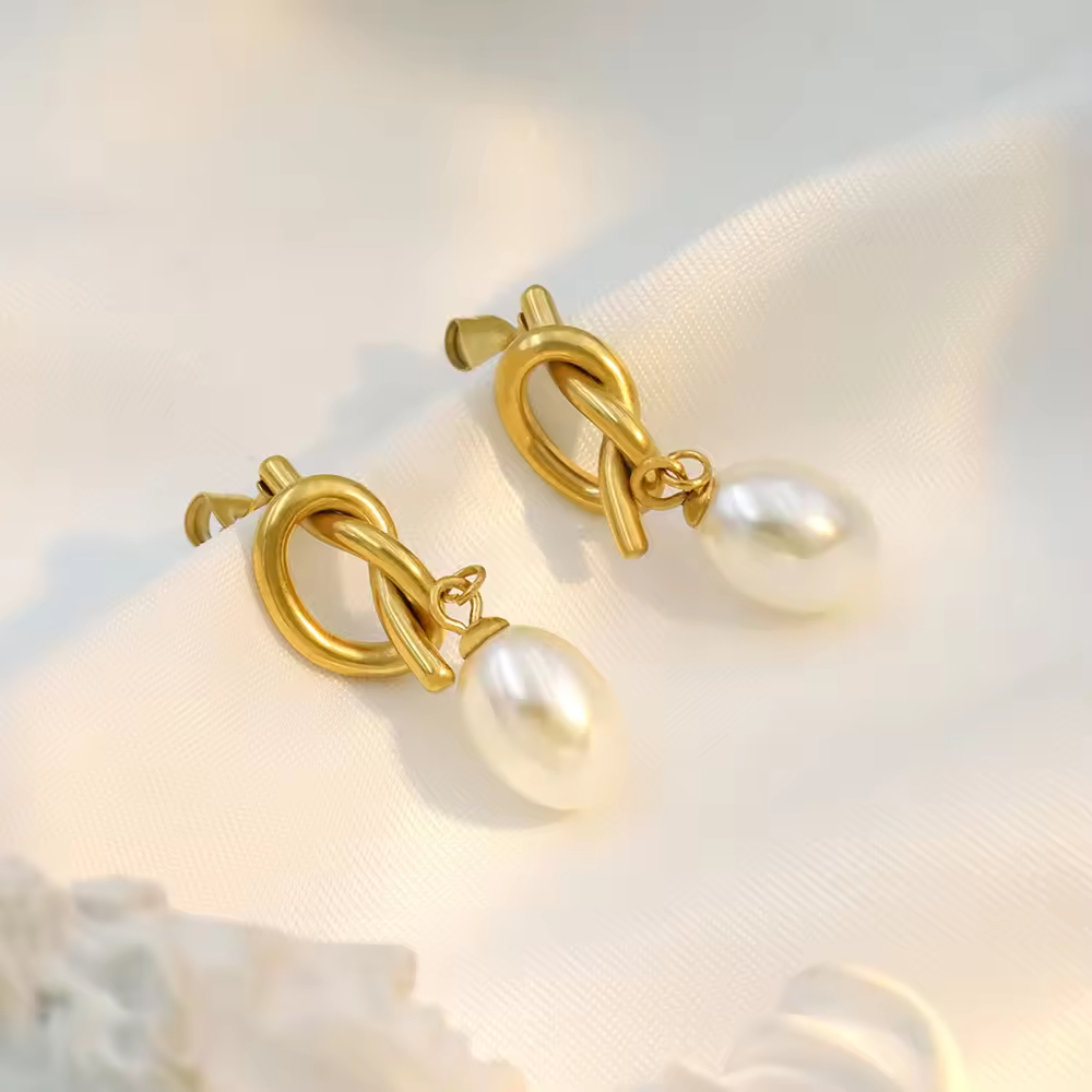 Simple Stainless Steel 18K Gold PVD Plated Imitation Pearl Rectangle Earring Titanium Steel Personalized Geometric Pearl Earring