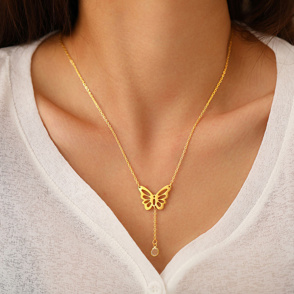 Trendy Butterfly Pendants Sparkling Tassel Zircon Necklace Super Fairy Chain Choker Stainless Steel Necklaces For Women Jewelry