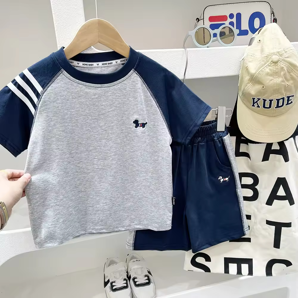 2025 Summer Baby Boys' Trendy Sports Top and Short-Sleeved Shorts Set High Quality Kids' Clothing