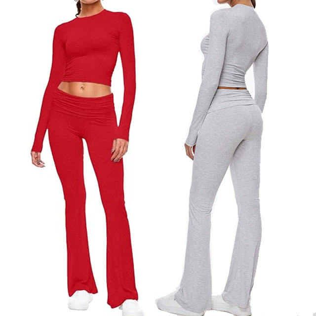 women's sets Crop Tee and Low Rise Flare Pants hot sale spandex four piece set sport yoga suit