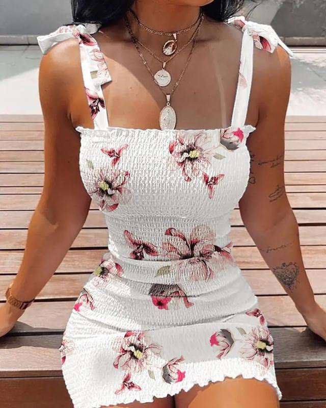2022 new summer spaghetti-strap floral print off-neck tube top cinched waist dress women's clothing in stock