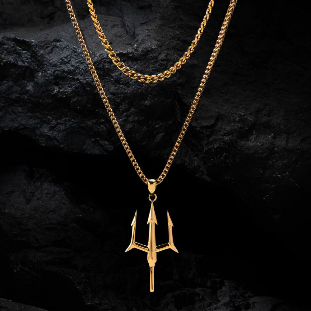 Ancient Greece Amulet Jewelry 18k Gold Plated Stainless Steel Poseidon Trident Pendant Necklace for Men